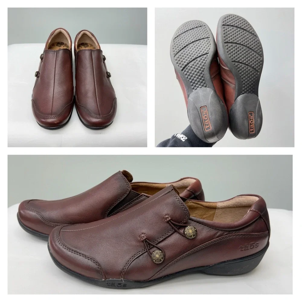 Taos Encore Womens 9.5 Brown Leather Slip On Loafers Shoes Side Button ENC-12750